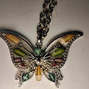 Sparkly Silvertone & Multicolor Crystal Butterfly Statement Necklace